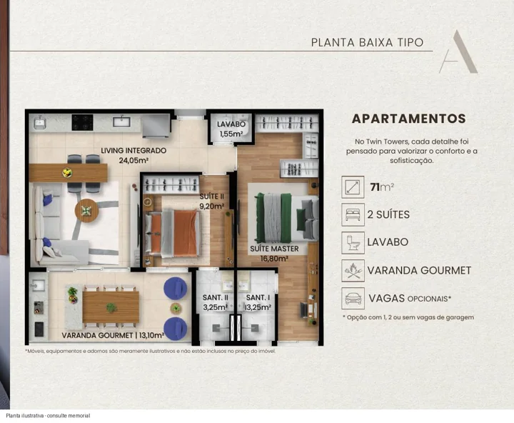 Opção de planta de 71 m²; abrir para ampliar